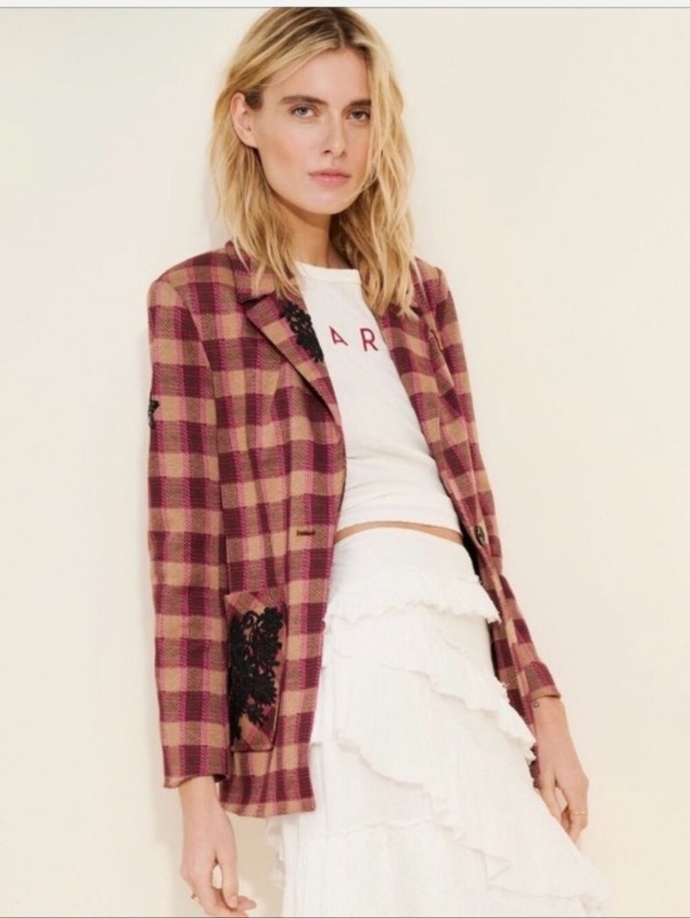 Anthropologie Avec Les Filled Plaid Embellished Blazer Sz XS